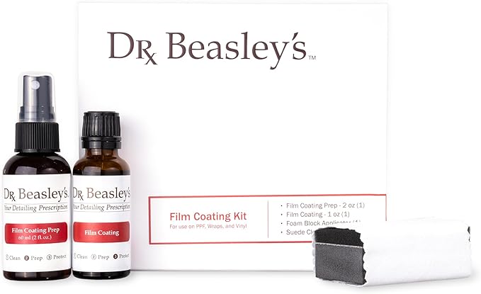 Dr. Beasley's Film Coating Kit, 12 fl oz - Ceramic Coating Protects PPFs, Wraps, Vinyl from Yellowing, Fading, Etching, Staining. Includes Film Coating, Prep, Foam Block Applicator, 2 Suede Cloths