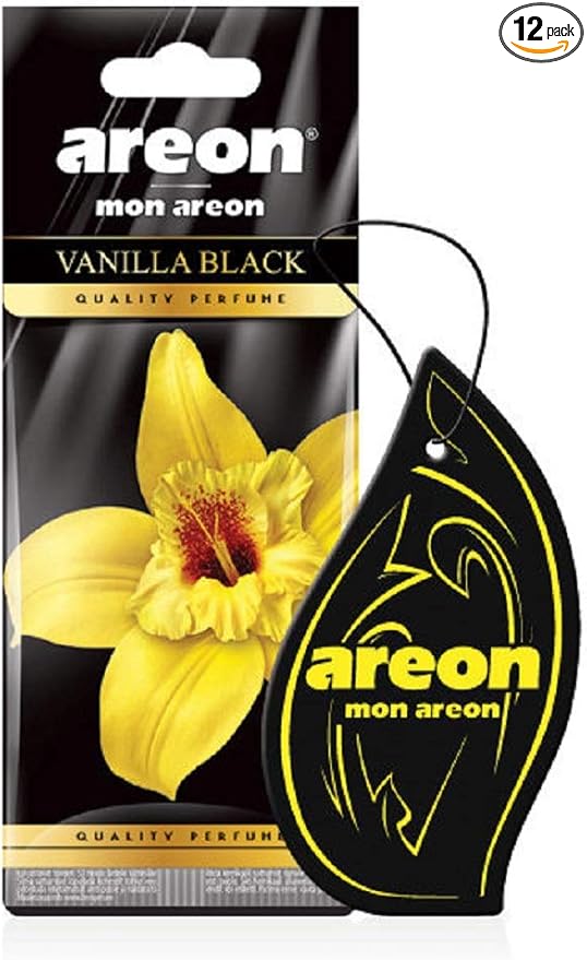 AREON MON MA31 Hanging Best Car Air Freshener Vanilla Black Scent, Paper Hanging Ornaments, Long Lasting Scent for Car or Home 12 Pack