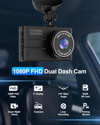 Dash Cam Front and Rear, 1080P Dual Dash Camera for Cars with 32G SD Card, 24 Hours Parking Monitor, Night Vision, Loop Recording, G-Sensor, 3'' IPS Screen, 170°Wide Angle