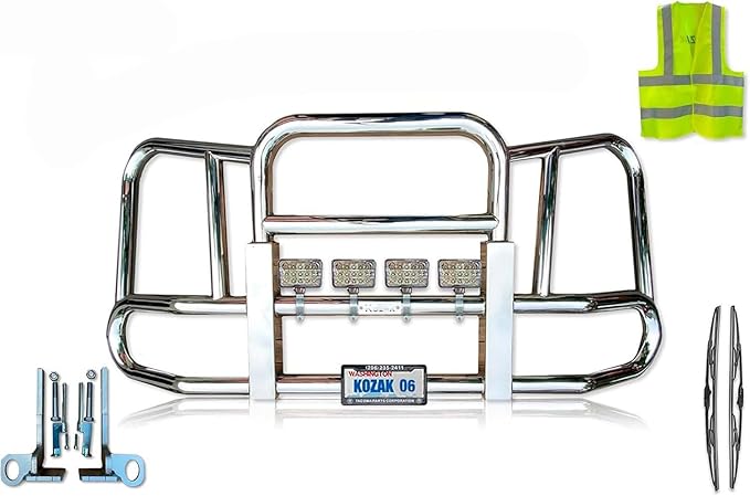 Compatible with Kenworth T660 Front Grille Deer Moose Brush Bumper Guard Large Square PLUS Logo, 4x 6" 60 LED Headlight, 2x 22" Windshield Wipers, License Plate Holder and Frame, Reflective Vest