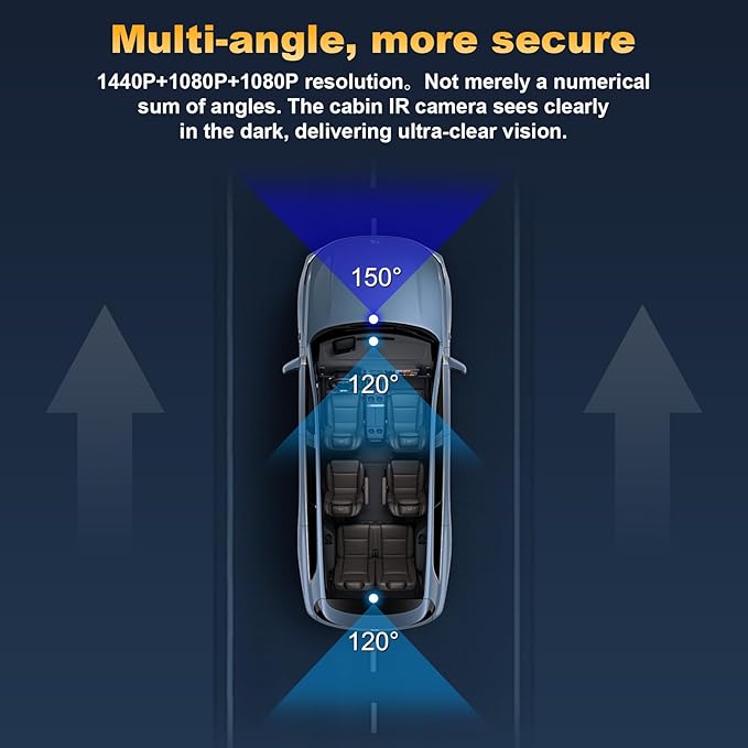 3 Channel Dash Cam Front Inside Rear, Uber Dash Cam for Cars, 2.5K Front + 1080P Cabin & Rear, 5GHz WiFi App Control, 24H Parking Mode, IR Night Vision, G-Sensor, Loop Recording, 64GB Included