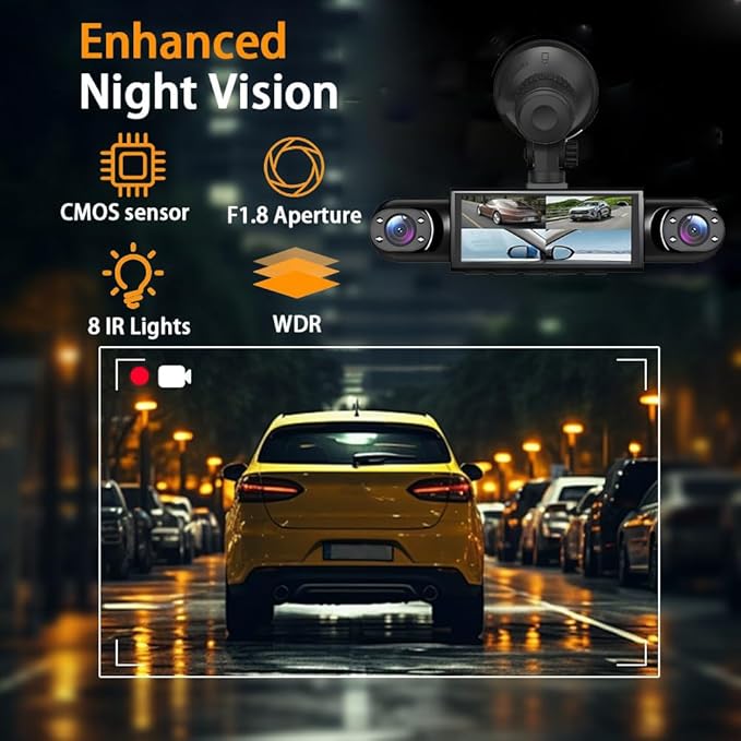 3 Channel Dash Cam Front Inside and Left Right, 1080P HD Dash Camera for Cars, 3.16 inches WiFi Car Camera,170°Wide Angle Vehicle Cam, Night Vision, Loop Recording, G-Sensor, 64GB Card
