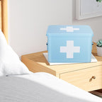 Flexzion First Aid Organizer, 8.5 Inch Blue Vintage Metal Kit Tin With Dividers, Removable Tray and Cross Logo - Empty Medical Storage Container