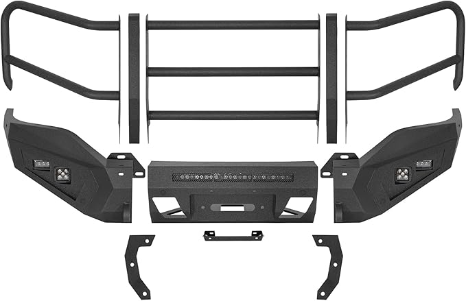 Hooke Road 16-18 Sierra Front Bumper Grille Brush Guard Push Bull Bar for 2016-2018 GMC Sierra 1500, Off-road Heavy Duty Steel Bumper with Winch Plate, D-ring Mounts & LED Lights