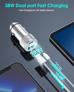 iPhone Fast Car Charger,[Apple Certfied] 38W Dual USB C Car Charger Adapter All Metal 2 Port Quick Charging with 2Pack Apple Lightning Cable for iPhone 13 Pro Max Mini 12 11 Xr Xs X 8 AirPods iPad