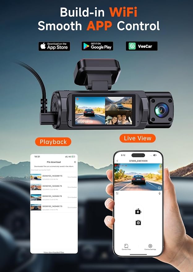 4K 3 Channel Dash Cam Front and Rear Inside, Dash Camera for Cars WDR Night Vision, 2 Inch IPS Screen WiFi App Control, 24H Parking Mode G-Sensor 32GB SD Card Included Support 256 GB Max