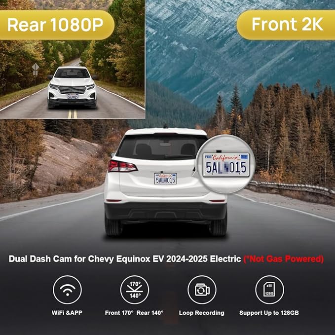 Fitcamx Front 2K+Rear 1080P Dash Cam Adapts for Chevy Equinox EV 2024 2025 Electric (HD2-D2000), OEM Style, Dual HD Video, Loop Recording, WiFi & APP, G-Sensor, Night Vision, Easy to Set, 64GB Card