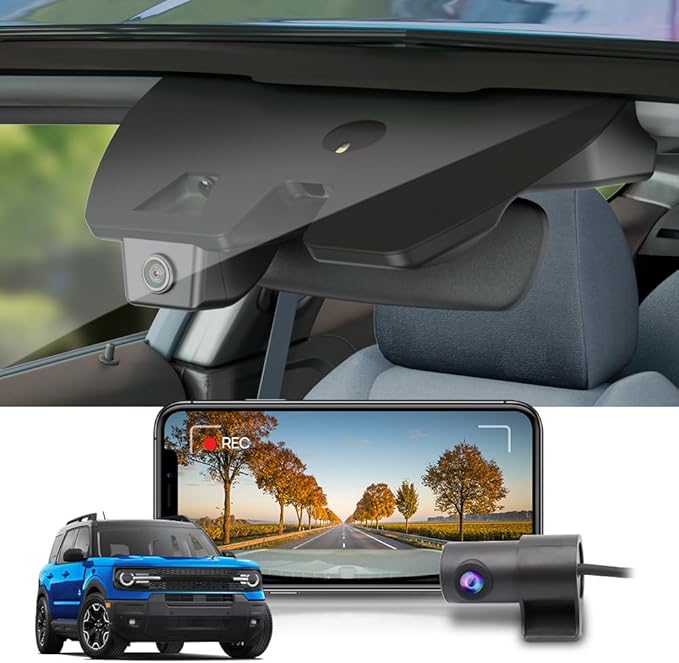 Fitcamx Front 2K+Rear 1080P Dash Cam Adapts for Ford Bronco Sport 2021-2025 (HD2-D5500), 5 Pin Plug, OEM Look, Dual HD Video, Built-in WiFi & APP, Loop Recording, G-Sensor, Easy to Use, 64GB Card
