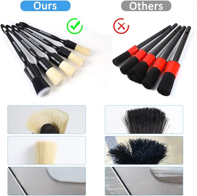 MVEQRRN Boars Hair Ultra Soft Detailing Brushes Set, 4 Pcs Premium Natural Boars Bristles, 1 Pcs Duster Detail Brush for Cleaning Car Interior Dashboard Leather Seat