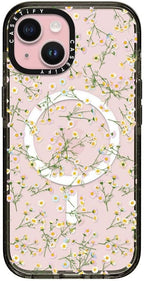 CASETiFY Impact iPhone 15 Case [Slim/Compatible with Magsafe / 8.2 ft. 4X Military Grade Drop Protection] - Pressed Flowers Dainty - Clear Black