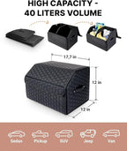 Owleys Cargo Organizer 17.7" - Compact Storage Totes with Lids for SUV, Sedan or Truck - Durable Car Crate for Travel Essentials - Black
