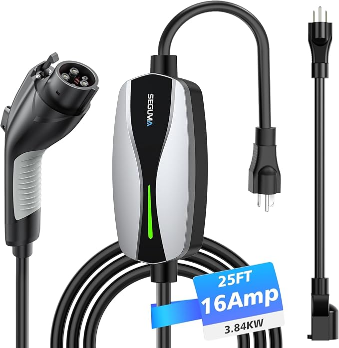 SEGUMA Level 1/2 EV Charger, 16Amp Electric Car Charger 25FT Cable with NEMA 6-20 Plug and NEMA 5-15 Adapter, Home Mobile EV Charging Station for J1772 BEVs/PHEVs 110V-240V(Silver)