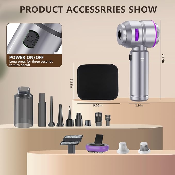 Cordless Car Vacuum 22000PA, Handheld with Brushless Motor, 4-in-1 Portable Vacuum & Blower/Inflator, HEPA Filter, Pet Brush, Type-C for Car Home Office (Purple)