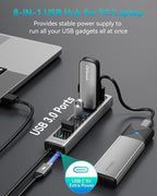 GiGimundo USB Hub 3.0, 8-Port USB Hub Long Cable 6 FT with 7-USB3.0 Data Ports and TypeC 5V/3A Power Port, Aluminum 5Gbps USB Splitter for PC, Laptop, Desktop, Computer, PS5, XPS(Gray,1.8M)
