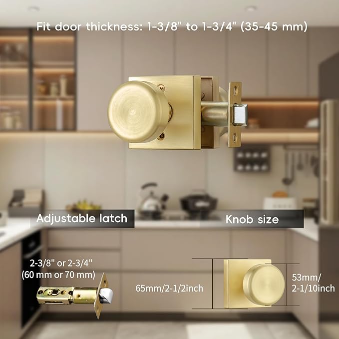 6 Pack Brushed Gold Door Knobs Interior, Pismo Doorknob with Square Rosette for Hall