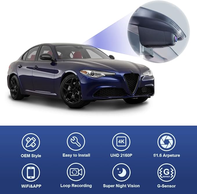 Fitcamx 4K Dash Cam Adapts for Alfa Romeo Giulia & Stelvio 2017-2024, Integrated OEM Look, UHD 2160P Video, Built-in WiFi & APP, Loop Recording, Parking Mode, Gravity Sensor, Easy to Set, 64GB Card