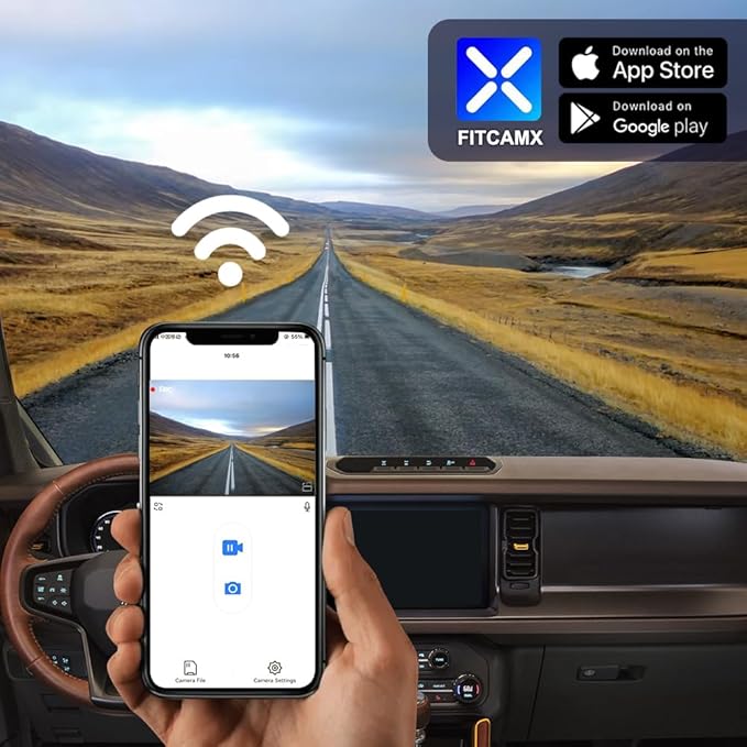 Fitcamx 4K Dash Cam Suitable for Ford Bronco 2021-2024 & Rapor (Not for Bronco Sport) HD2-14873, OEM Look, UHD 2160P Video, Built-in WiFi & APP, Loop Recording, G-Sensor, Plug & Play, 64GB Card