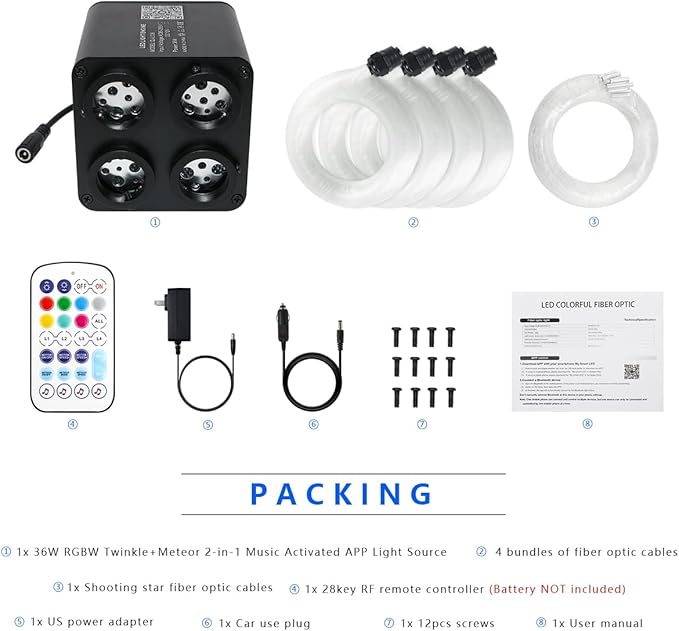 AKEPO 36W 4 Color Twinkle Fiber Optic Starlights Headliner Lights Kit, Optical Fibers Music Sync Bluetooth APP Control Starlight Kit, 1800pcs*13.1ft +240pcs Colorful Shooting Star