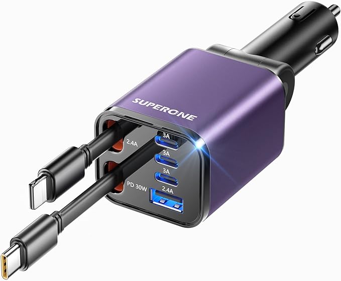 [Upgraded] 6 in 1 Retractable Car Charger, SUPERONE Smaller Fast Car Phone Charger 99W with Cord, USB C and iPhone Car Charger Adapter, Compatible iPhone 17/17 Pro Max/16/15/14/13/12/11, Sumsung
