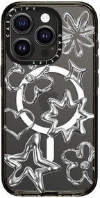 CASETiFY Impact iPhone 15 Pro Case [4X Military Grade Drop Tested / 8.2ft Drop Protection/Compatible with Magsafe] Chrome Doodles - Clear Black