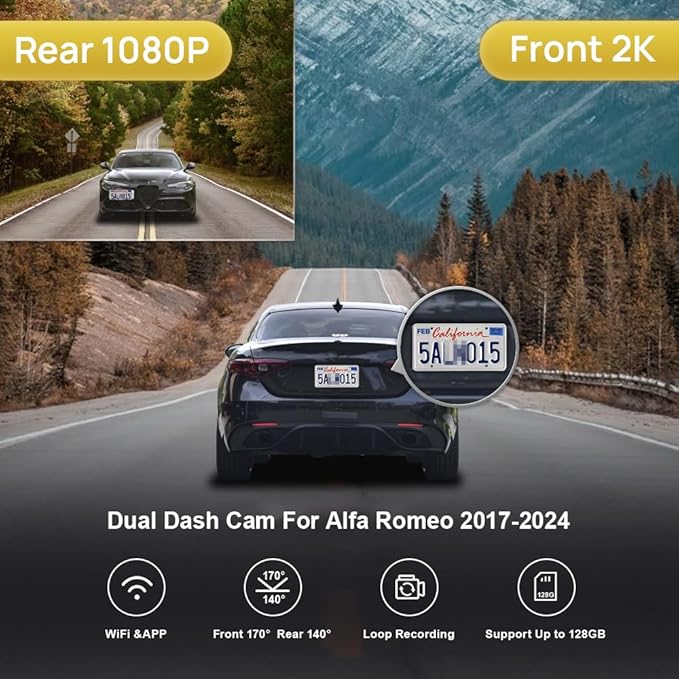 Fitcamx Front 2K+Rear 1080P Dash Cam Adapts for Alfa Romeo Giulia & Stelvio 2017-2024, OEM Factory Style, 2 Way HD Video, Built-in WiFi & APP, Loop Recording, Parking Mode, Easy to Use, 64GB Card
