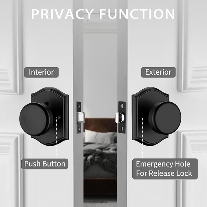 Interior Pismo Doorknobs for Bath & Bedroom, Black Door Knobs with Camelot Trim, Heavy Duty Door Knob with Lock