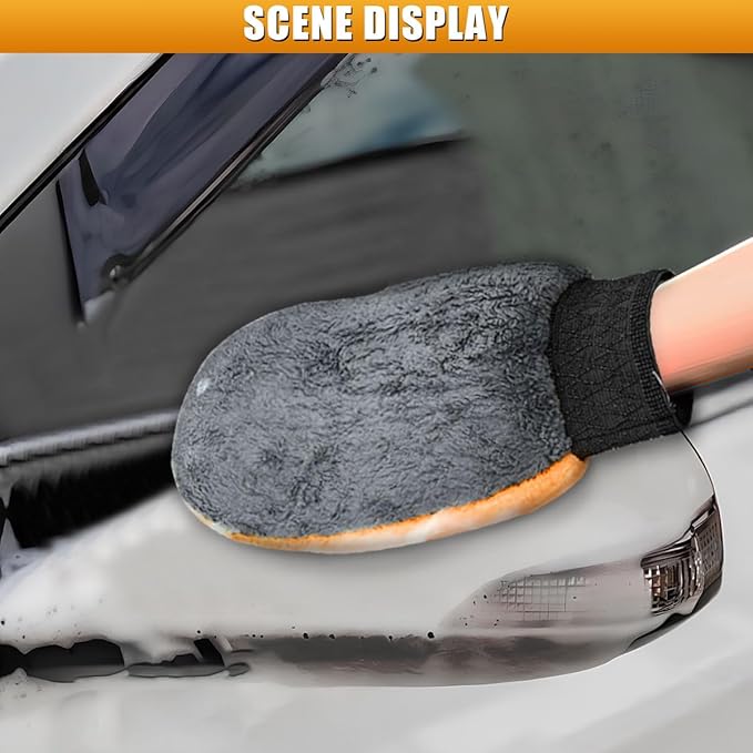2PCS Car Wash Mitt, Coral Fleece Microfiber Dusting Mitt, No Scratch No Lint Cleaning Glove with Elastic Wrist Cuff, Reusable Car Washing and Detailing Supplies (Palm)