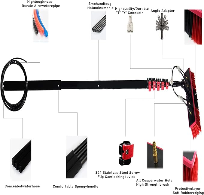 Extendable Window Cleaning Brush for Solar Panels, 35cm Head, 10M Hose Pole Kit, Conservatory Roof Cleaner, Efficient Water-Fed Cleaning Tool, 12FT Reach