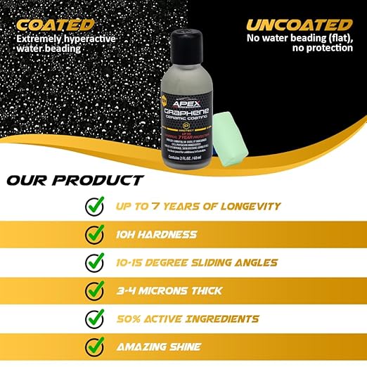 Apex 7 Year Graphene Ceramic Coating 10H with 2 Applicators 60mL - Durable Paint Protection Up to 7 Years - Applies Easily - Hydrophobic Graphene Ceramic for Ultra Gloss - Great on Paint/Glass/Wheels