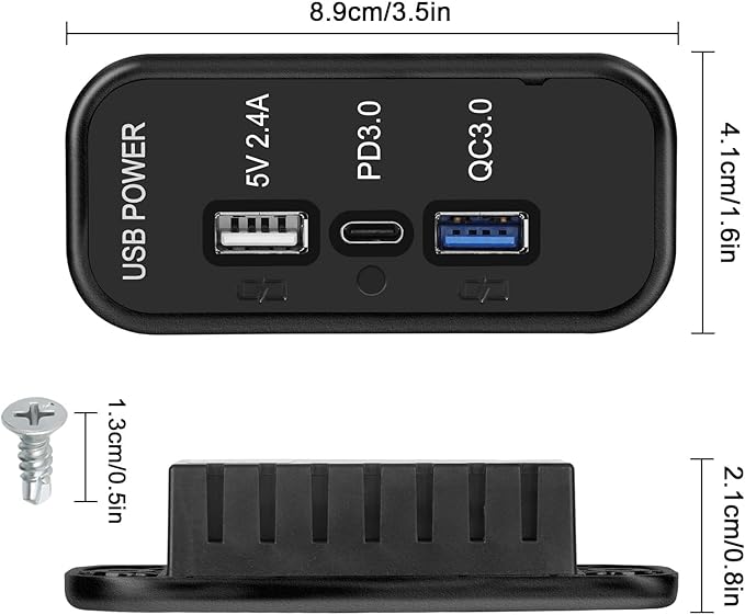 Linkstyle 3 Ports 12V USB Outlet, 18W PD3.0 Port, 18W QC3.0 & 2.4A USB A Charger Fast Charging Socket Panel for 12V/24V Car Marine RV