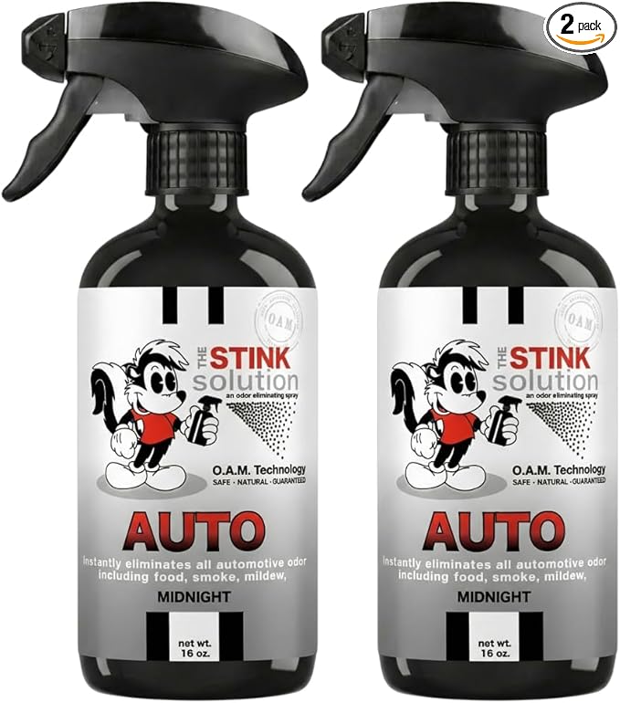 The Stink Solution Car Deodorizer Odor Eliminator For Strong Odor: Quickly Banish Smoke, Pet, Food, Body Odor, & Other Foul Smells! Safe Car Freshener for Seats & More! - 2 16 oz Bottles Midnight