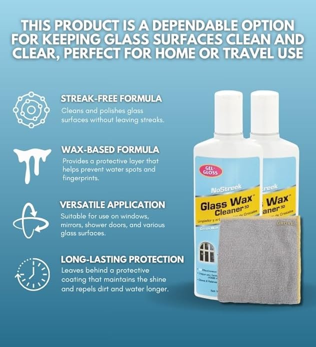 Gel-Gloss NoStreek Glass Wax Cleaner Liquid 8 oz Bundle with Microfiber Cloth - Professional-Grade Glass and Window Cleaner for Hard Water Spots, Mirrors, and Silver Polish - (3 Items)