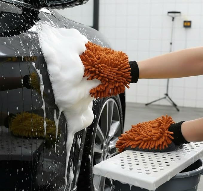 Car Wash Mitt Microfiber, 2PK-Scratch & Lint Free, Premium Chenille Microfiber Wash Mitt (Coffee Color)