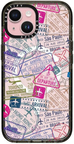 CASETiFY Impact iPhone 15 Case [Slim/Compatible with Magsafe / 8.2 ft. 4X Military Grade Drop Protection] - Travel Stamps - Clear Black