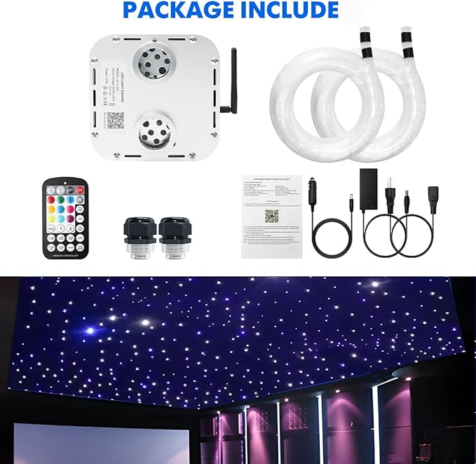 AMKI High Brightness Dual Color 32W Twinkle 1800pcs 0.03in 16.4ft Fiber Optic Starlight Headliner Kits RGBW Sound Activated APP/Remote Control for Movie Theater Home Ceiling Decor