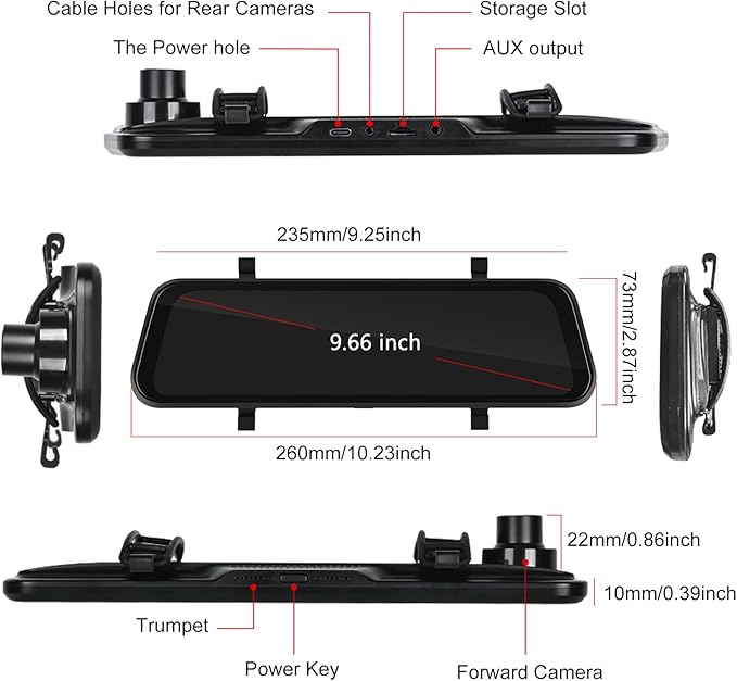 Mirror Dash Cam Front and Rear Camera with Apple Carplay/Android Auto 9.66 inch Mirror Backup Camera for Cars&Trucks Driving Recorder Voice Control 24-Hour Parking Monitoring Waterproof Night Vision