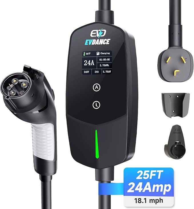 EVDANCE Level 2 EV Charger 24Amp 240V - NEMA 10-30P Charging Station, 25FT Cable for Home/Garage, J1772 Electric Vehicles & Adjustable Current (10-24A) (for J1772(Non-Tesla Evs), NEMA 10-30 Plug)