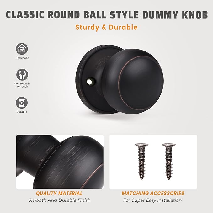 KNOBWELL 4 Pack Bronze Dummy Door Knob, Single Sided Handle for Closets, French Double Doors, and Pantry, Oil Rubbed Bronze One Side Non-Turning Interior Push/Pull Door Knob