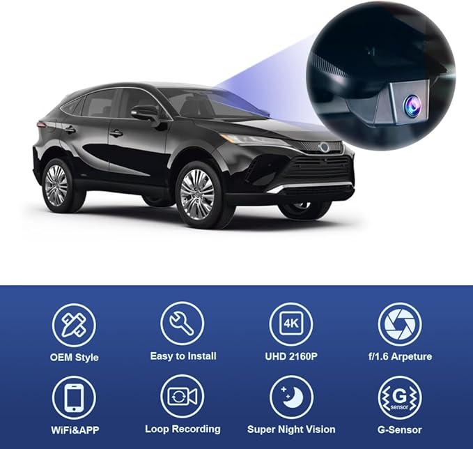 Fitcamx 4K Dash Cam Adapts for Toyota Venza 2021-2024 LE XLE Limited Nightshade Edition, Integrated OEM Look, UHD 2160P Video, Built-in WiFi & APP, Loop Recording, G-Sensor, Plug & Play, 64GB Card
