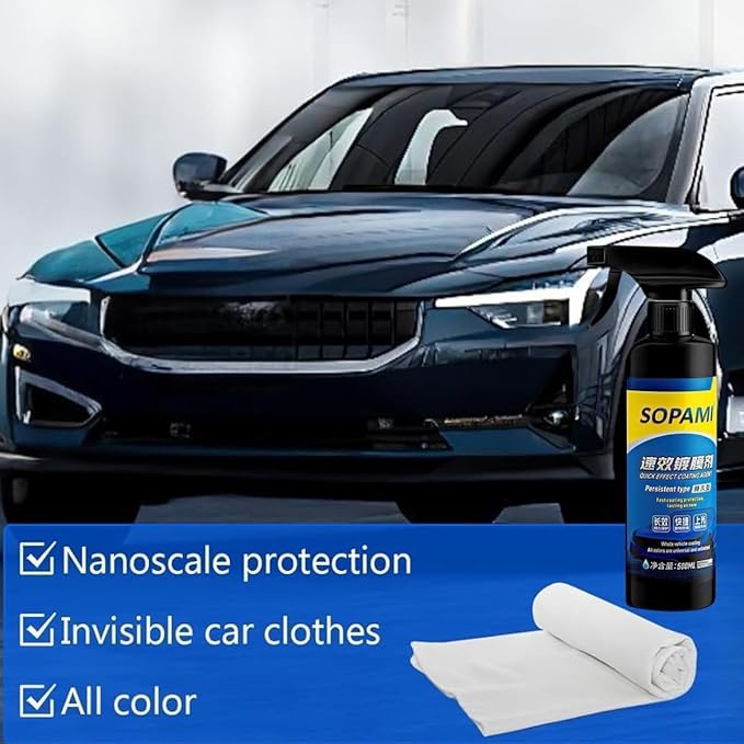 Sopami Car Coating Spray, Quick Effect Coating Agent, Car Scratch Wax Polish Spray Waterless Wash, Quickly Coat Car Wax, Oil Film Emulsion Glass Cleaner with towel for All Car