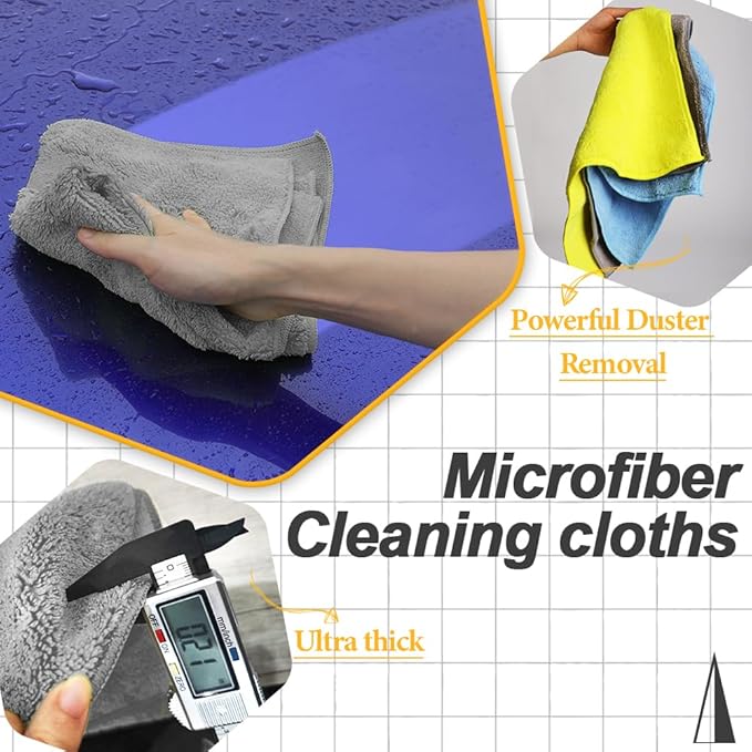 Car Wash Drying Towels, 450gsm Ultra-Thick Absorbent Lint-Free Extra Soft Microfiber Rags for Car Detailing, Interior & Exterior Cleaning Cloths, 16in x 16in - Microfiber, Grey+Blue+Yellow, 12 Packs