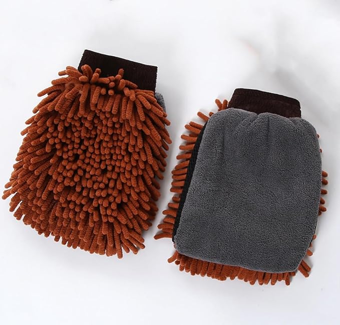 Car Wash Mitt Microfiber, 2PK-Scratch & Lint Free, Premium Chenille Microfiber Wash Mitt (Coffee Color)