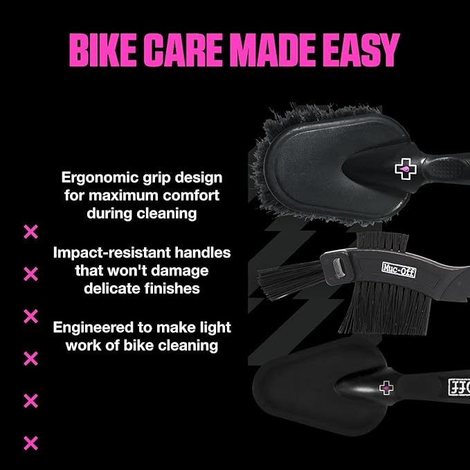 Muc-Off 220 3 Piece Premium Brush Kit - Includes 3 Bike Cleaning Brushes With Durable Nylon Bristles And Ergonomic Rubberised Handles To Minimise Impact