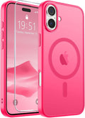 SUPFINE Magnetic for iPhone 16 Case (Compatible with MagSafe) (Military Grade Drop Protection) Slim Translucent Matte Shockproof with Anti-Fingerprint Phone Case,Hot Pink