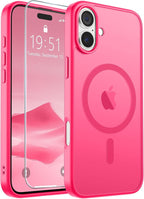SUPFINE Magnetic for iPhone 16 Case (Compatible with MagSafe) (Military Grade Drop Protection) Slim Translucent Matte Shockproof with Anti-Fingerprint Phone Case,Hot Pink