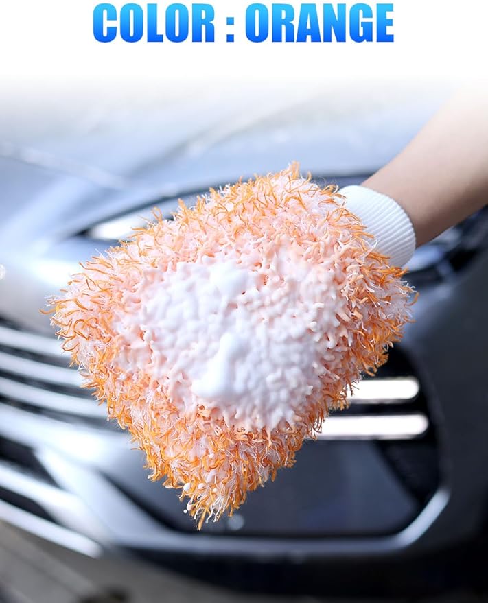 2Pack Premium Microfiber Car Wash Mitt, 10 x 8 Inches, Car Sponge Wrapped in Soft, Machine Washable (Blue & Orange)