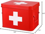 Flexzion First Aid Box Organizer, Empty 8.5 Inch Red Vintage First Aid Kit Tin Metal Medical Box First Aid Storage Box Container Bins with Dividers, Removable Tray and Cross Logo