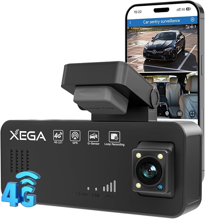 XEGA 2K 4G LTE Dual Dash Cam Front Inside, OBD Powered 24/7 Sentry Mode, APP Remote Live-View, GPS Tracking, No WiFi Car Security Camera Anti-Theft, Real-Time Alerts, Built-in SIM Card(7-Day Trial)