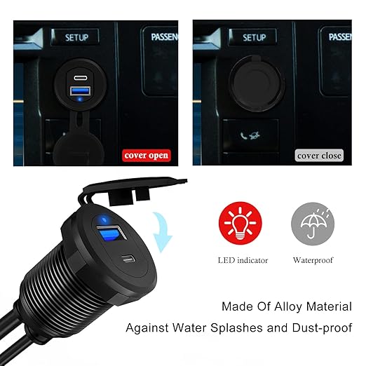 Type C 3.1 & USB 3.0 Car USB Port Mount Flush Cable Male to Female, Dashboard Panel Extension Cable for Car Boat Motorcycle with LED Indicator (1 feet)