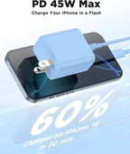 45W iPhone 17 16 15 Pro Max Charger Fast Charging 6FT/10 FT/10FT, Super Fast USB C Charger Block with Extra Long Type C Charging Cable,PD Quick Adapter 3.0 for iPhone 16 15/16e 15Pro/16 15 Plus-Blue